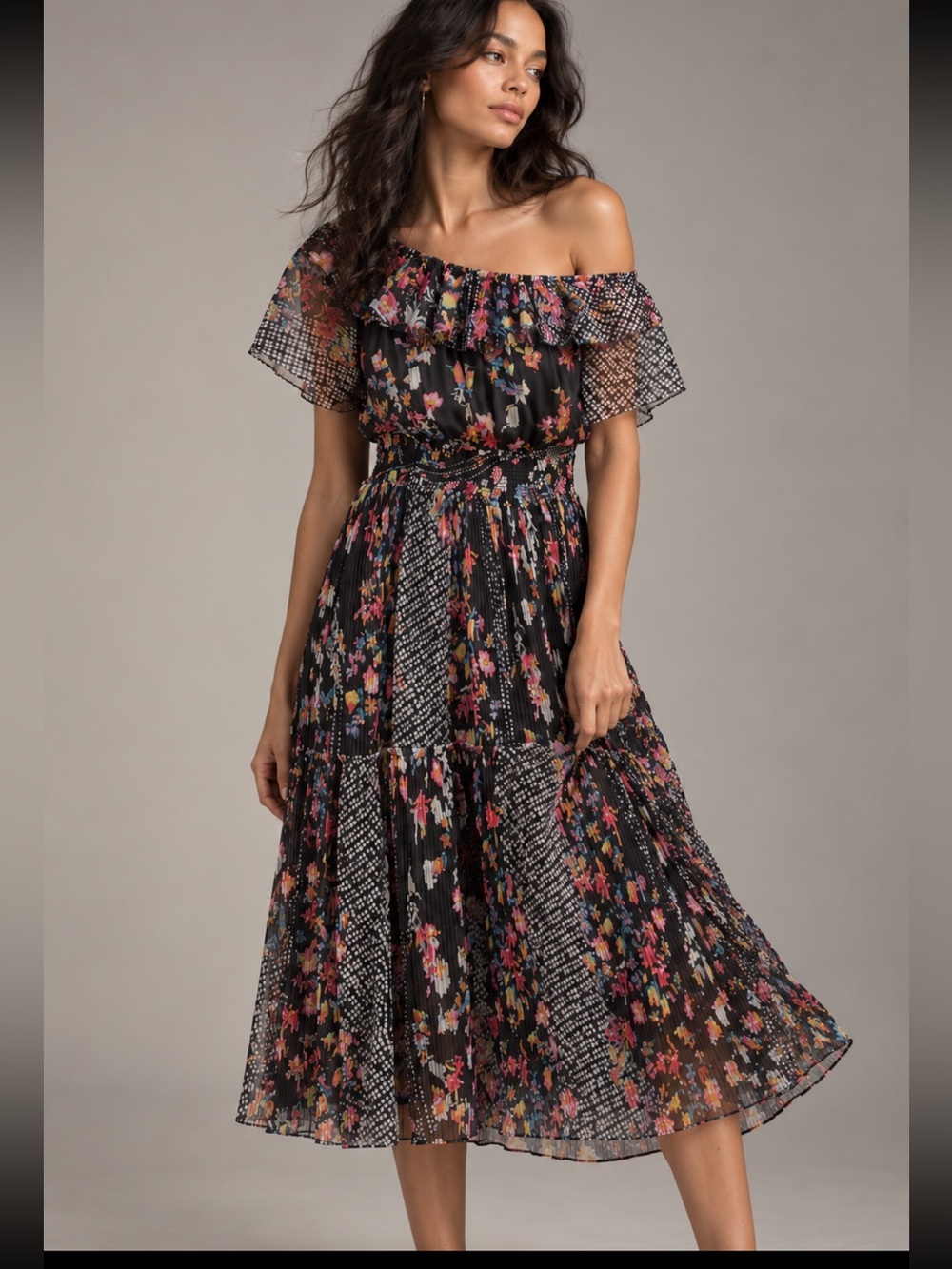 Fairycore Ethereal Lapis women’s Dress M Black Floral Mesh Pleated Sheer Sleeve